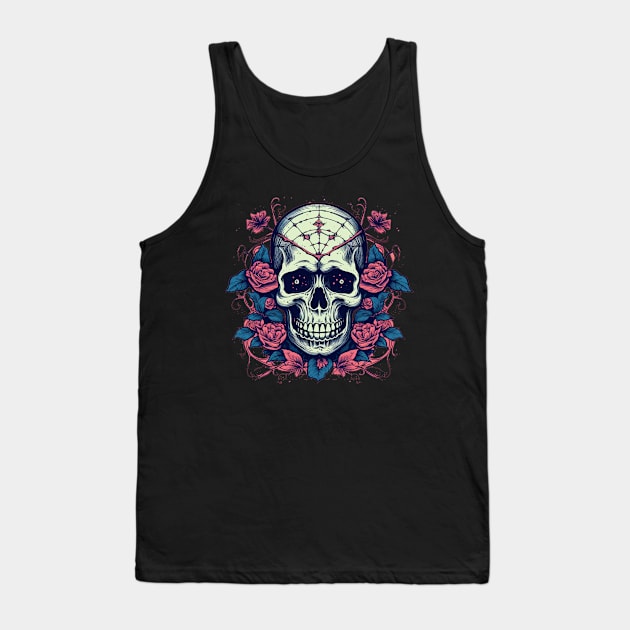 Dark Skull With Spider Webs and Flowers Tank Top by TOKEBI